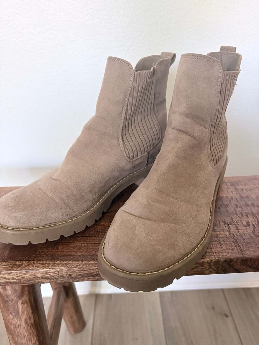 Black Rivet Lug Sole Chelsea Ankle Boots Taupe Faux Suede